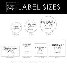 Load image into Gallery viewer, These are the different Macannlife Designs Minimalist Label Sizes in Airy Thin Design. They are  available in 1.25" Circle, 1.25" x 2.25" Tall, 2.25" x 1.25" Wide, 1.5" Circle, 1.5" Square, 2" Circle, 2" Square.