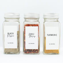 Load image into Gallery viewer, There are 3 spice bottles consisting of spices with their corresponding Macannlife Designs minimalist labels in Airy Thin Design. The first one is Black Pepper. The second one is Chili Flakes and the third one is Turmeric. The size for these labels are 1.25 x 2.25 Tall.