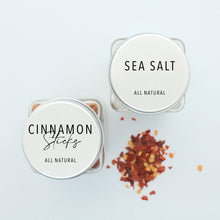 Load image into Gallery viewer, This is the top view of the spice bottles with the clear minimalist labels of Macannlife Designs in Airy Thin design labeled Chili Flakes and Salt