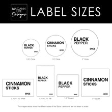 Load image into Gallery viewer, These are the different Macannlife Designs Minimalist Label Sizes in Bold Design. They are  available in 1.25" Circle, 1.25" x 2.25" Tall, 2.25" x 1.25" Wide, 1.5" Circle, 1.5" Square, 2" Circle, 2" Square.