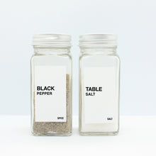 Load image into Gallery viewer, There are 2 spice bottles consisting of spices with their corresponding Macannlife Designs minimalist labels in Bold Design. The first one is Black Pepper and the other one is Salt.