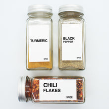 Load image into Gallery viewer, There are 3 spice bottles consisting of spices with their corresponding Macannlife Designs minimalist labels in Bold Design. The first one is Black Pepper. The second one is Chili Flakes and the third one is Turmeric. The size for these labels are 1.25 x 2.25 Tall.