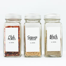 Load image into Gallery viewer, There are 3 spice bottles consisting of spices with their corresponding Macannlife Designs minimalist labels in Calligraphy Design. The first one is Chili Flakes. The second one is Sesame Seeds and the third one is Black Pepper. The size for these labels are 1.25 x 2.25 Tall.
