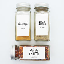 Load image into Gallery viewer, This is the top view of the spice bottles with the clear minimalist labels of Macannlife Designs in Airy Thin design labeled Chili Flakes and Salt