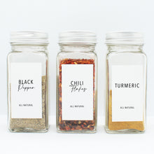 Load image into Gallery viewer, There are 3 spice bottles consisting of spices with their corresponding Macannlife Designs minimalist labels in Airy Thin Design. The first one is Black Pepper. The second one is Chili Flakes and the third one is Turmeric. The size for these labels are 1.25 x 2.25 Tall.
